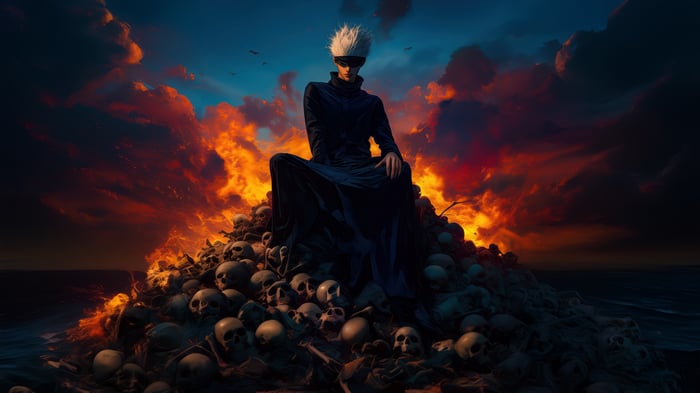 Gojo Satoru sits on a pile of skulls