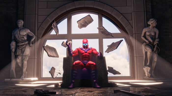 Magneto sits on a throne in a ruined castle