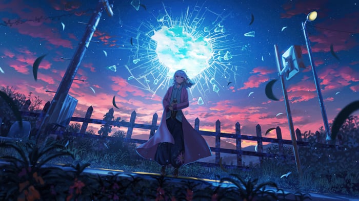 Anime Girl with Sword Under Broken Moon