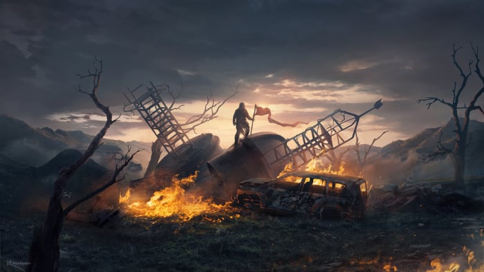 A lone figure stands on wreckage with a flag