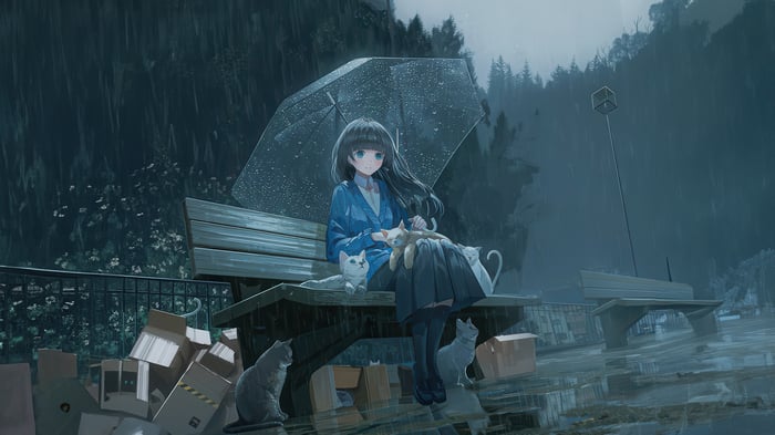 Anime Girl Sheltering From Rain With Cats