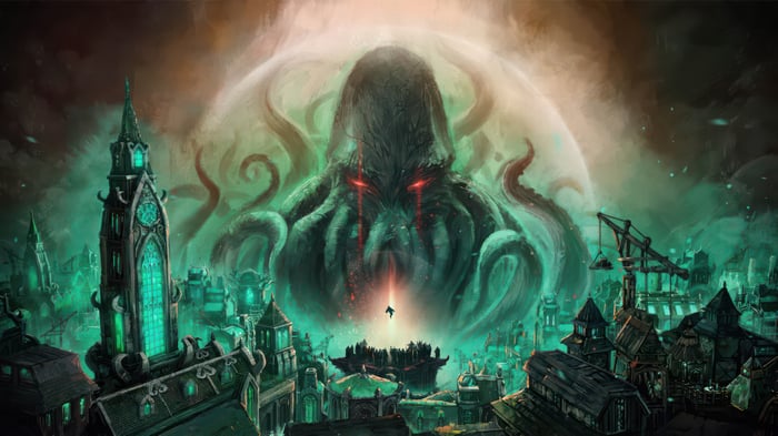 Cthulhu looms over a city with worshippers below