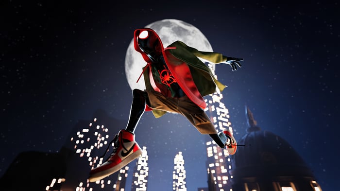Miles Morales leaping in front of a full moon
