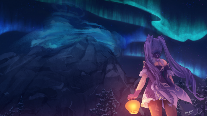 Keqing (Genshin Impact) with Lantern under Aurora Borealis