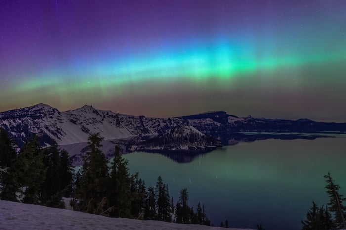 Aurora Borealis over Crater Lake National Park in Oregon