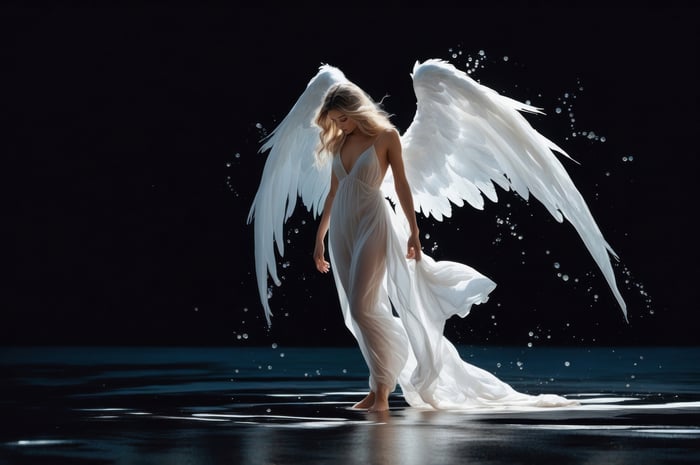 Ethereal Angel with White Wings in Water