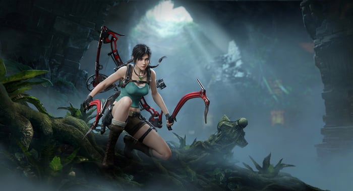 Lara Croft with bow and ice axes in a cave