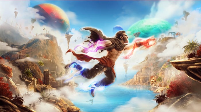 Man with magical powers flying through a fantasy world