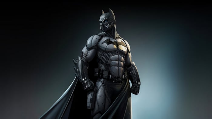Batman in a dark, armored suit