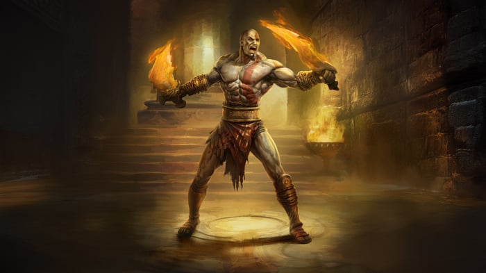 Kratos with Blades of Chaos in a Temple