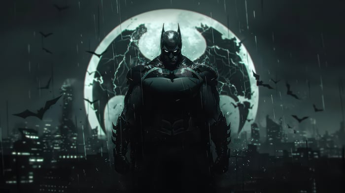 Batman Standing in the Rain with Bats and Moon