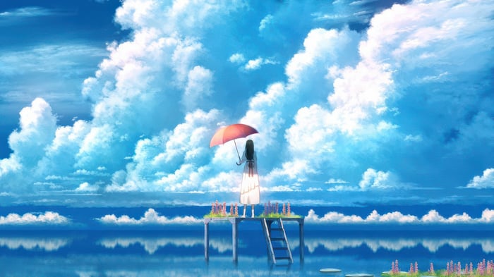 Anime girl with red umbrella on a platform