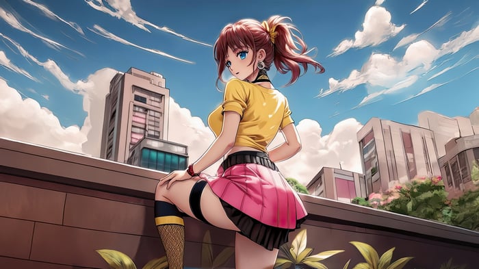 Anime girl in yellow shirt and pink skirt on rooftop
