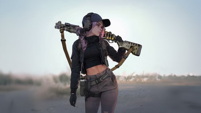 Woman with shotgun and purple hair
