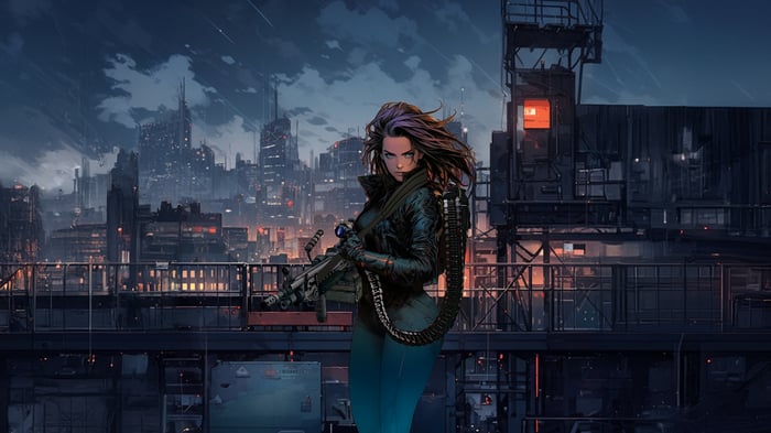 Woman with Machine Gun in Cyberpunk City