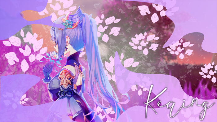 Keqing from Genshin Impact holding a flower