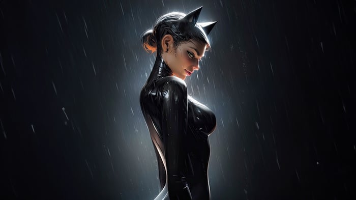 Catwoman in a black suit in the rain