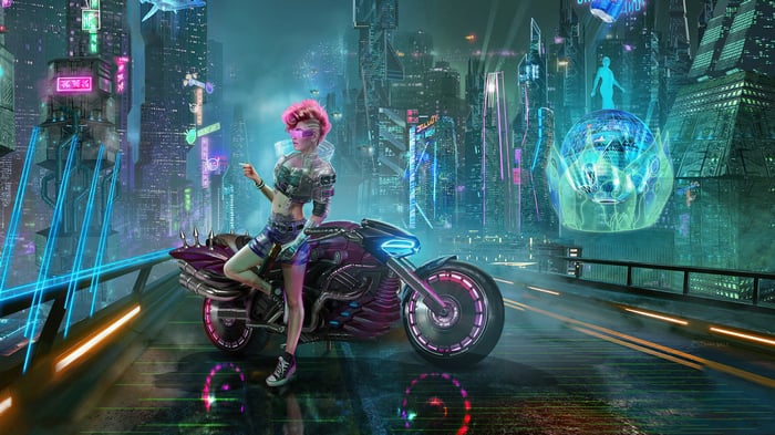 Cyberpunk City Bike with Woman