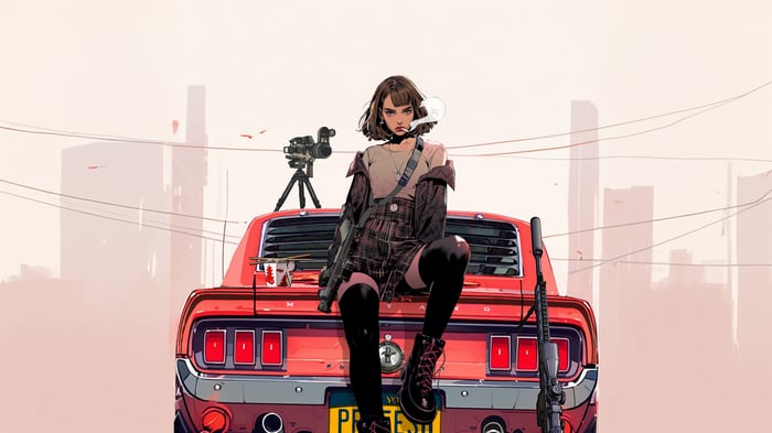 Matilda sitting on a red car with guns