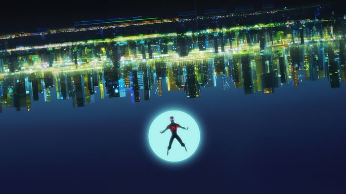 Miles Morales in a glowing circle above a city