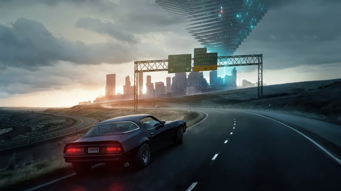 Car driving towards a futuristic city under a strange sky