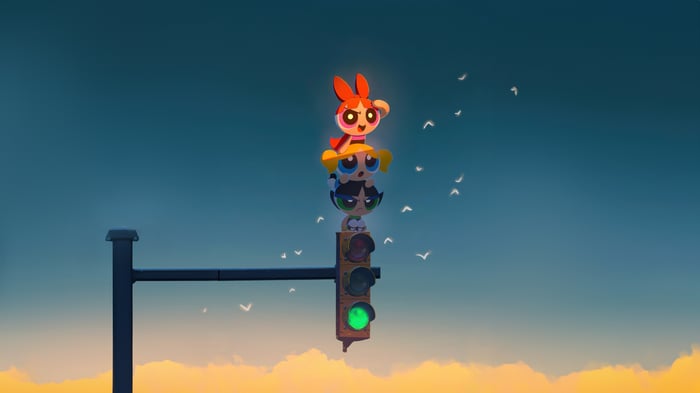 The Powerpuff Girls Stacked on a Traffic Light