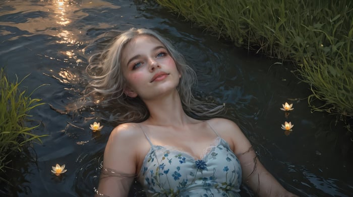 Girl Floating Among Water Lilies