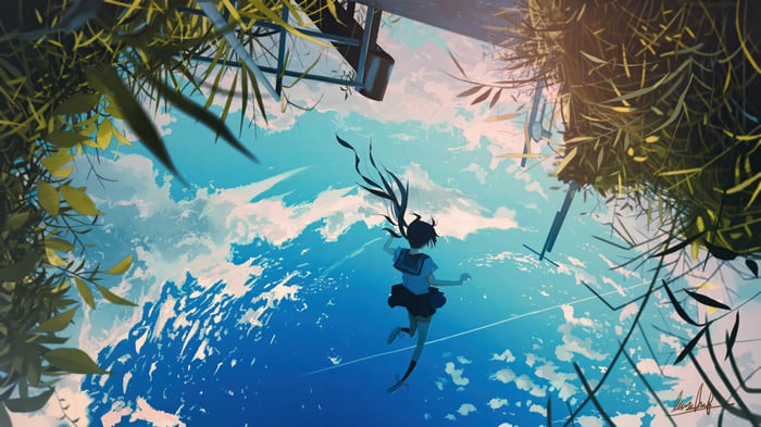 Anime girl falling through the sky