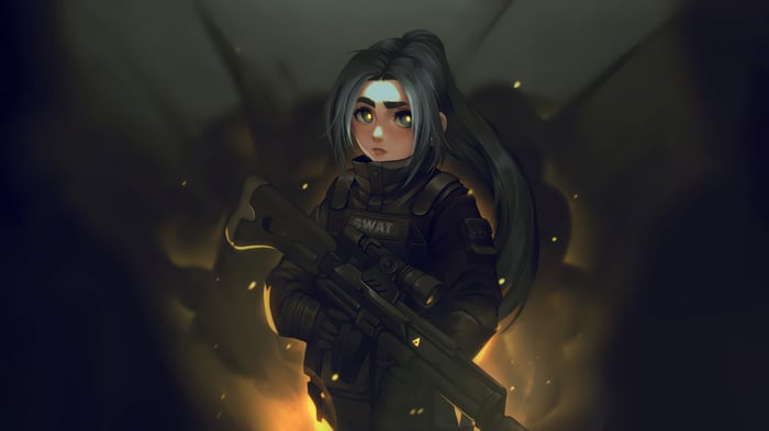 Girl in SWAT gear holding a sniper rifle