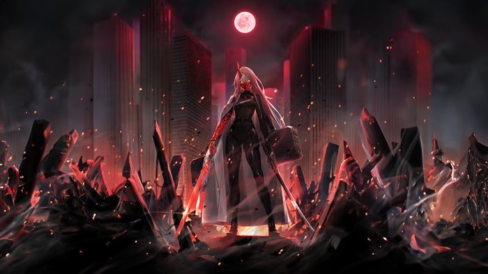 Red Demon in a destroyed city under a red moon