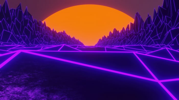 Retrowave landscape with neon mountains and sun