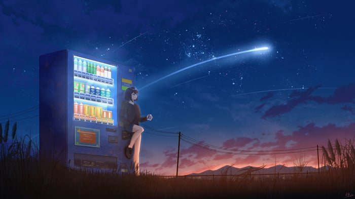 Anime girl with short hair sitting by a vending machine at night