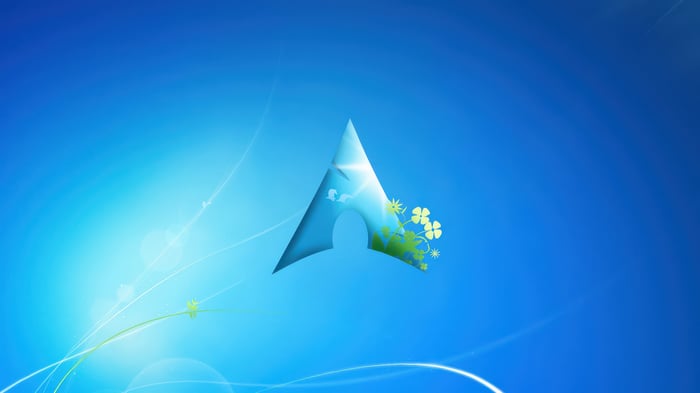 Arch Linux logo on a blue Windows 7 background