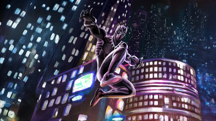 Black Panther leaping in a city at night