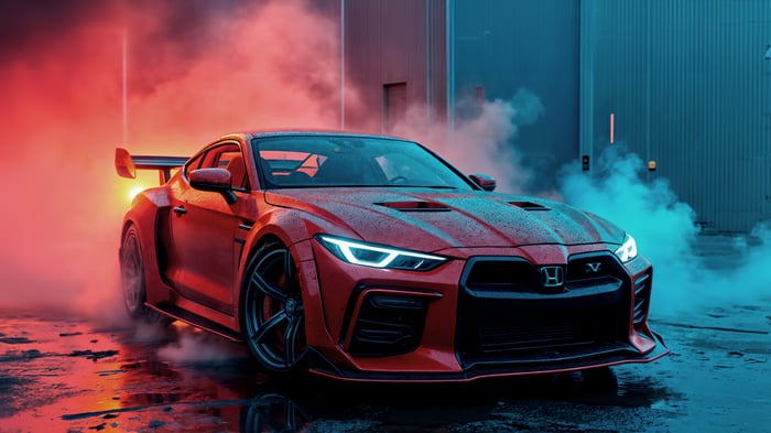 Red Honda Modified Sports Car with Smoke