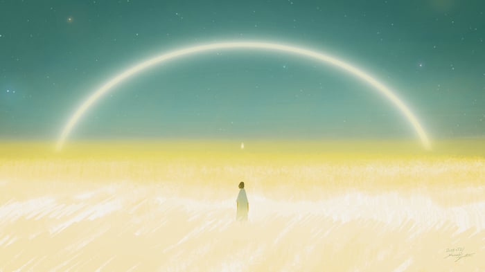 A person stands in a field under a glowing arc