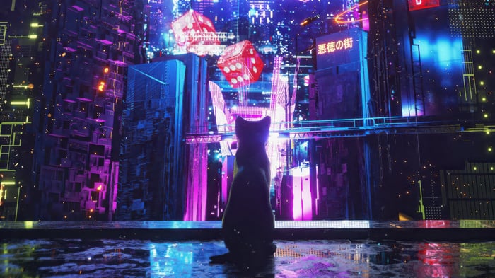Black cat in a neon-lit cyberpunk city with dice