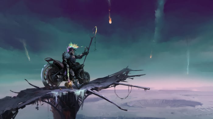 Biker on a platform with meteors falling
