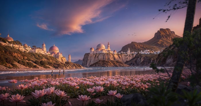 Fantasy city with pink domes on a cliff by the sea