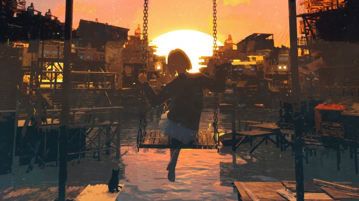 Girl on swing at sunset in a stilt village