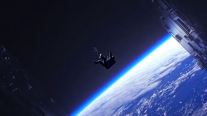 Astronaut falling from a space station above Earth