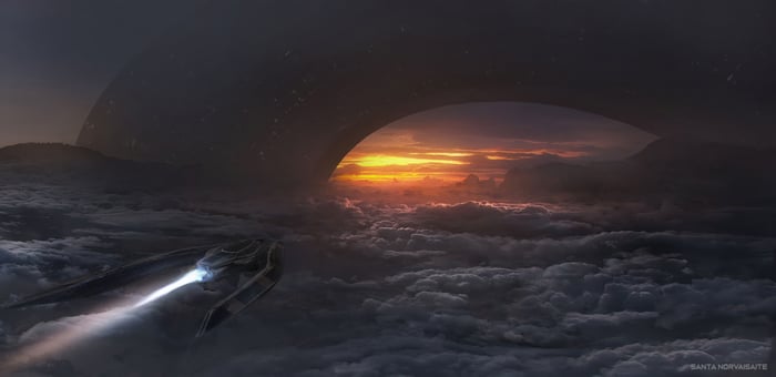Spaceship flying through clouds towards a ring structure