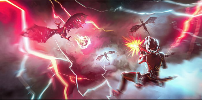 Fortnite characters fighting winged creatures with lightning