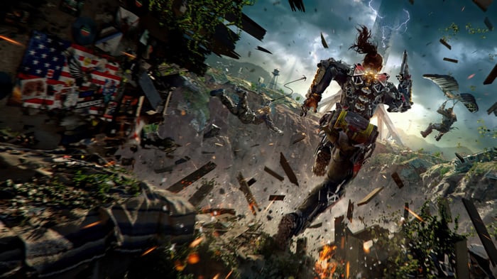 Exoborne soldiers in a chaotic battle with debris falling