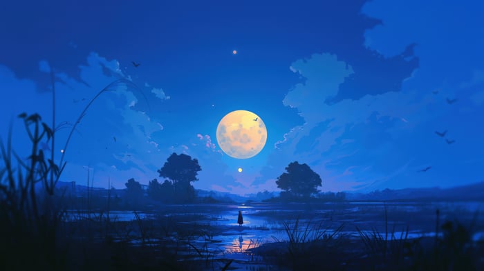 A lone figure stands in a moonlit marsh