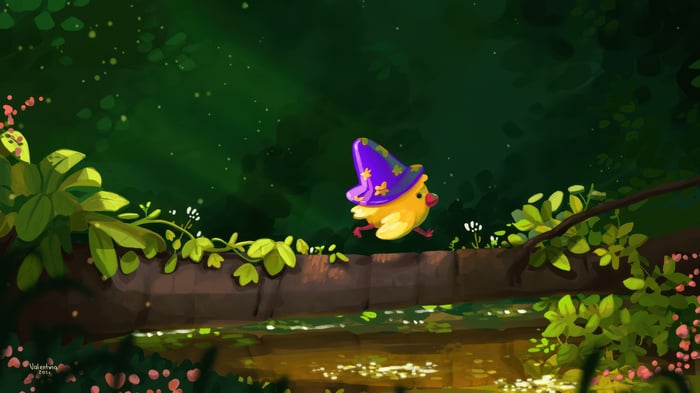 Wizard Chick Walks on a Log in the Woods