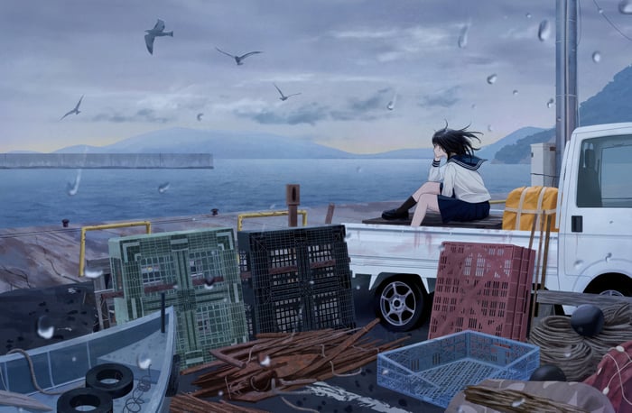 Anime girl sitting on truck at a pier