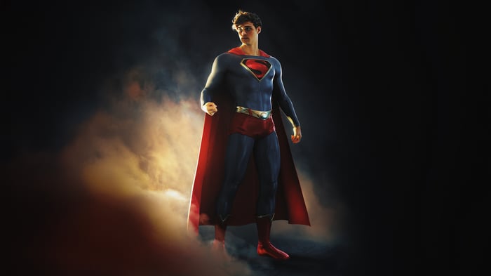 Superman in a dark, smoky environment