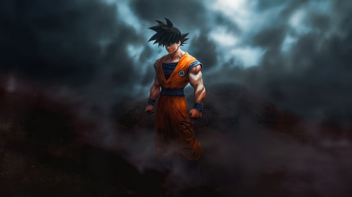 Goku in orange gi with dark clouds