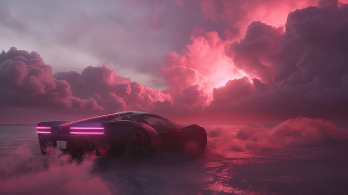Race car driving through pink clouds